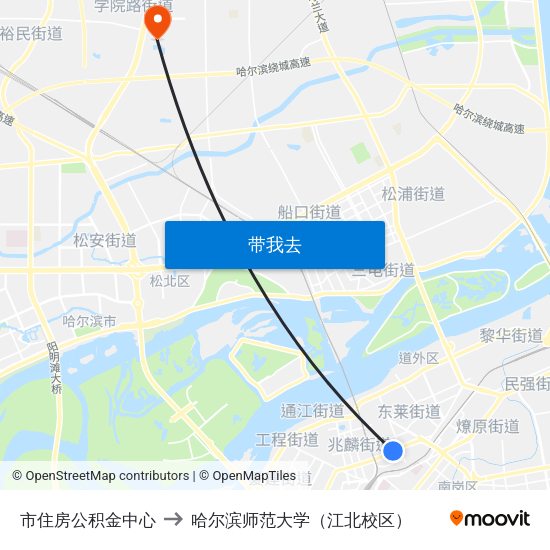 市住房公积金中心 to 哈尔滨师范大学（江北校区） map