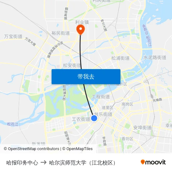 哈报印务中心 to 哈尔滨师范大学（江北校区） map