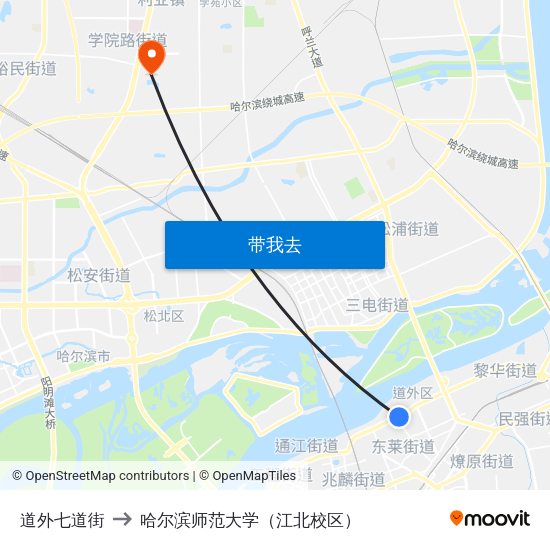 道外七道街 to 哈尔滨师范大学（江北校区） map