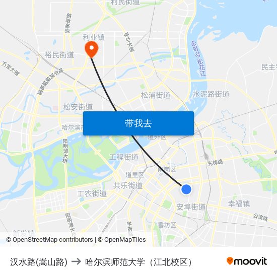 汉水路(嵩山路) to 哈尔滨师范大学（江北校区） map