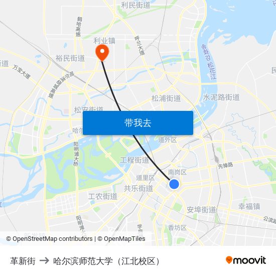 革新街 to 哈尔滨师范大学（江北校区） map