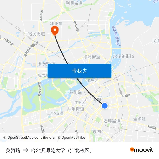 黄河路 to 哈尔滨师范大学（江北校区） map