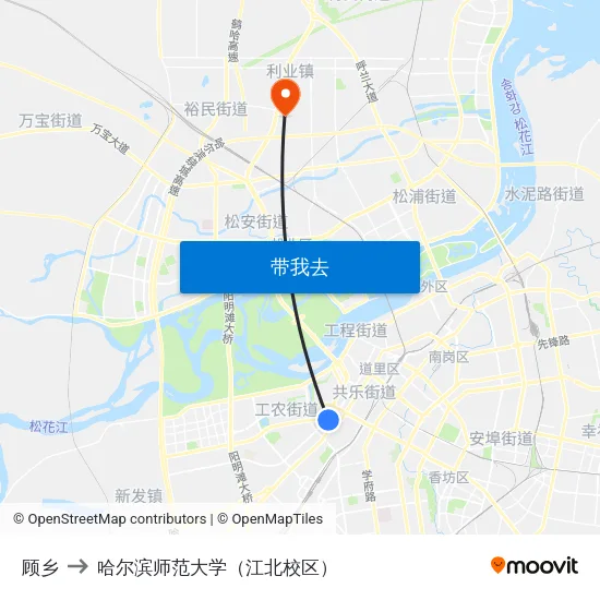 顾乡 to 哈尔滨师范大学（江北校区） map