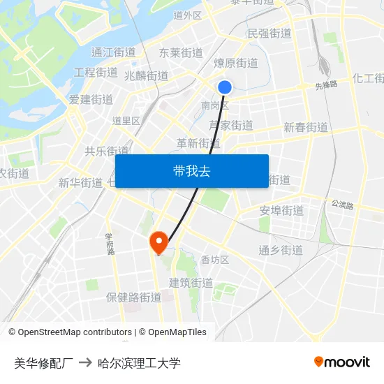 美华修配厂 to 哈尔滨理工大学 map