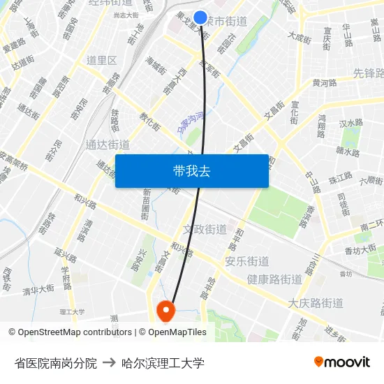 省医院南岗分院 to 哈尔滨理工大学 map