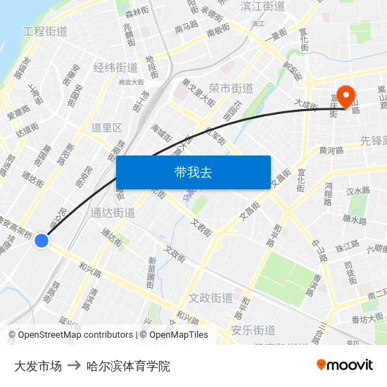 大发市场 to 哈尔滨体育学院 map