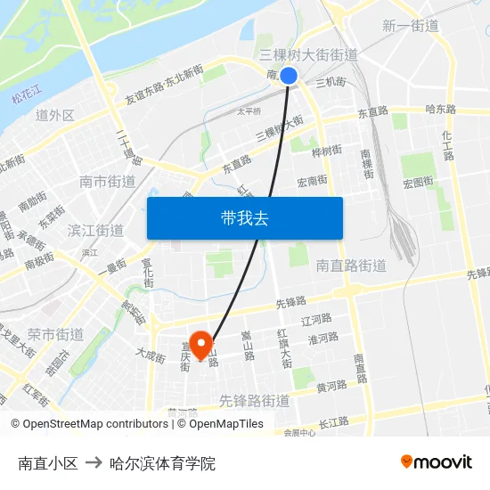 南直小区 to 哈尔滨体育学院 map