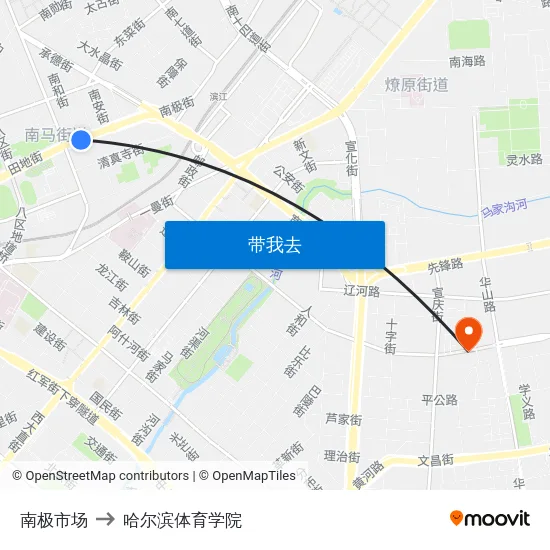 南极市场 to 哈尔滨体育学院 map