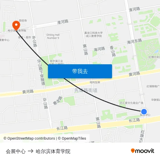 会展中心 to 哈尔滨体育学院 map