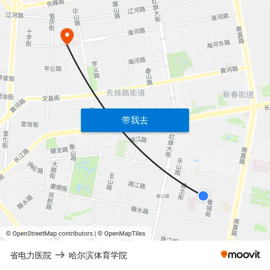 省电力医院 to 哈尔滨体育学院 map