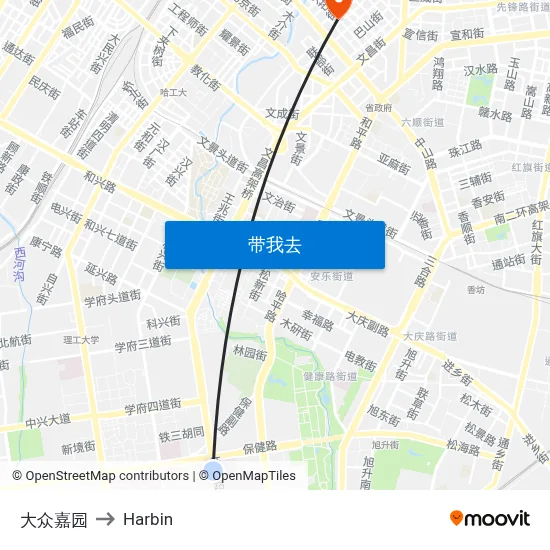 大众嘉园 to Harbin map