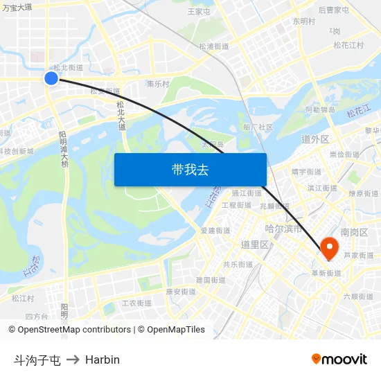 斗沟子屯 to Harbin map
