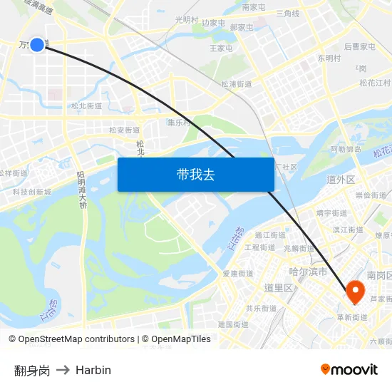 翻身岗 to Harbin map