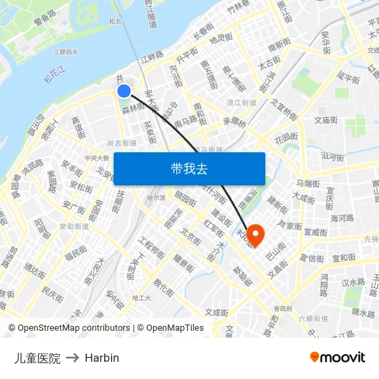 儿童医院 to Harbin map