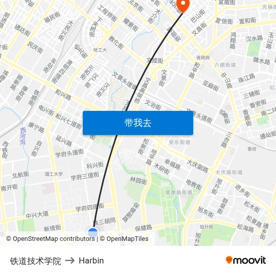 铁道技术学院 to Harbin map