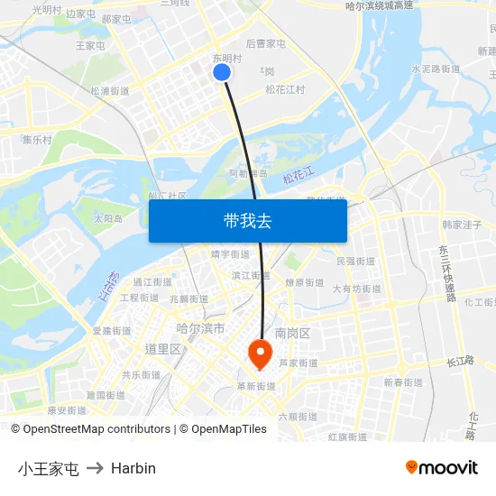 小王家屯 to Harbin map