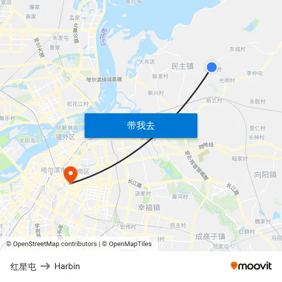 红星屯 to Harbin map