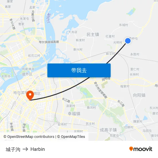 城子沟 to Harbin map
