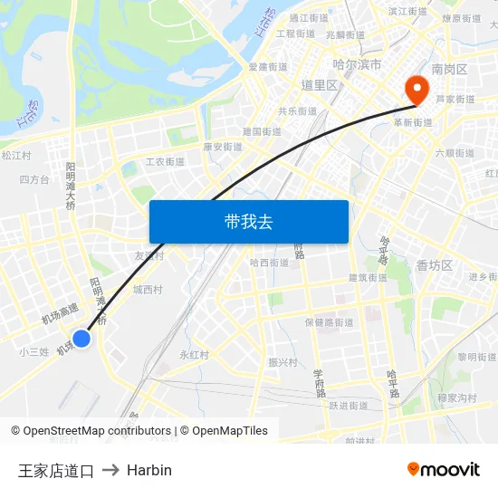 王家店道口 to Harbin map