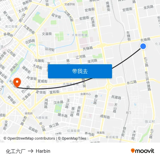 化工六厂 to Harbin map
