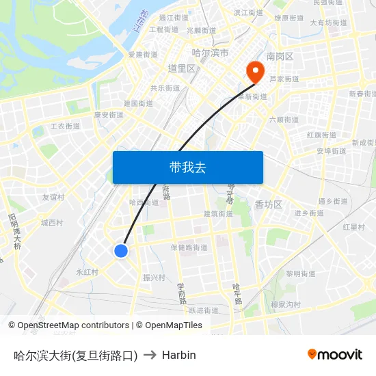 哈尔滨大街(复旦街路口) to Harbin map