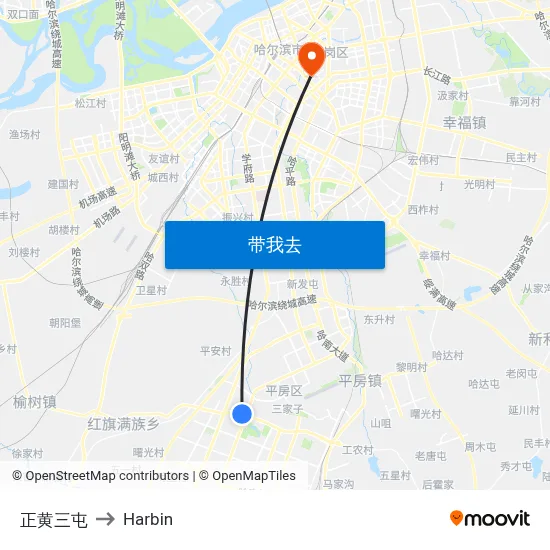 正黄三屯 to Harbin map