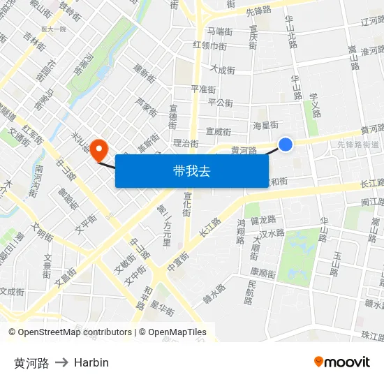 黄河路 to Harbin map