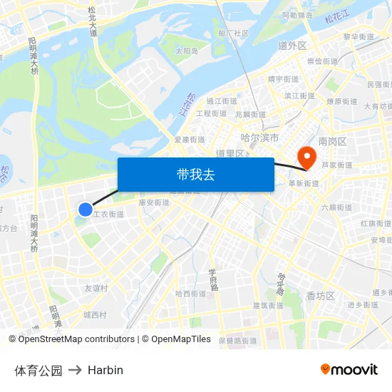 体育公园 to Harbin map
