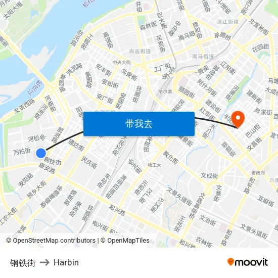 钢铁街 to Harbin map