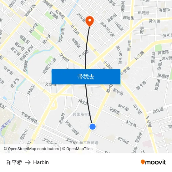 和平桥 to Harbin map