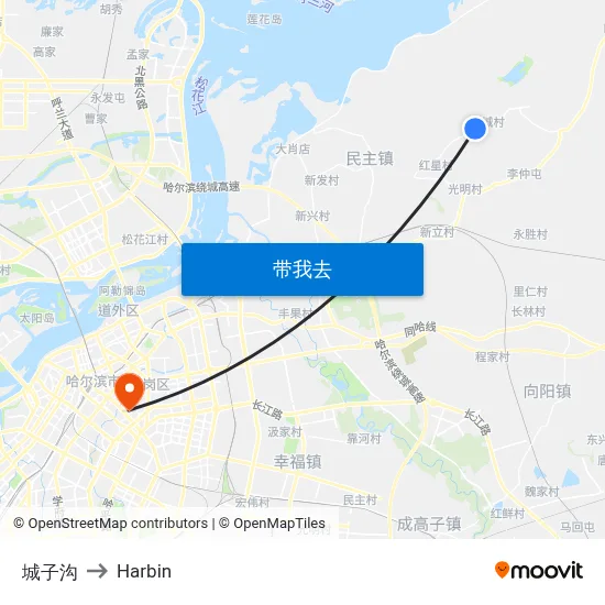 城子沟 to Harbin map