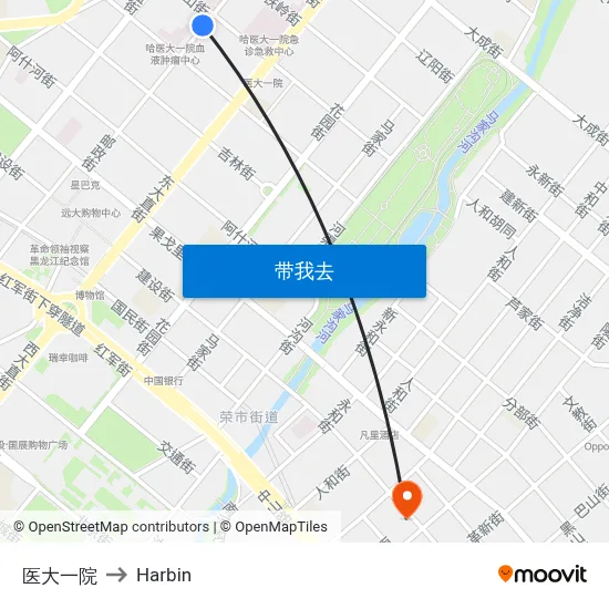 医大一院 to Harbin map