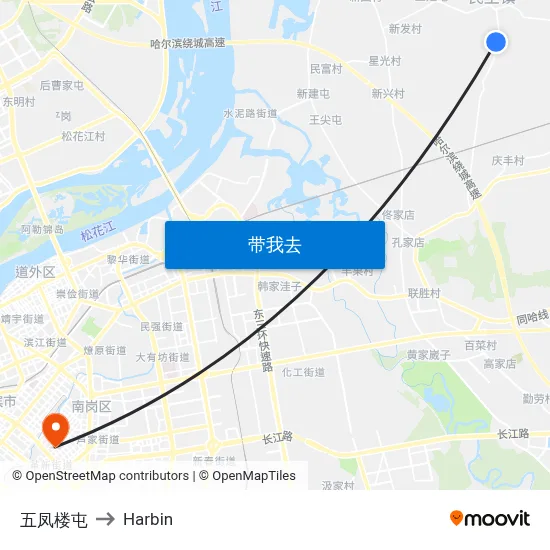 五凤楼屯 to Harbin map
