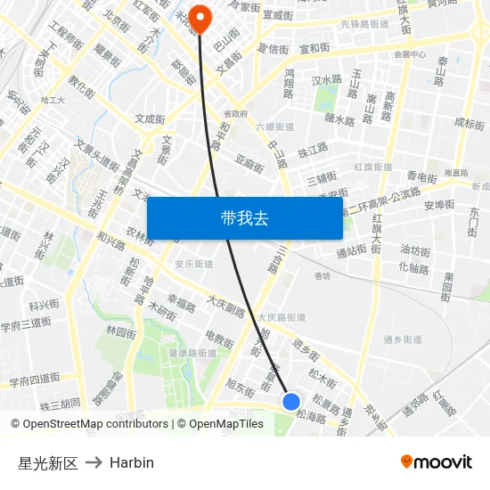 星光新区 to Harbin map