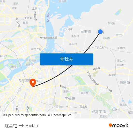 红星屯 to Harbin map