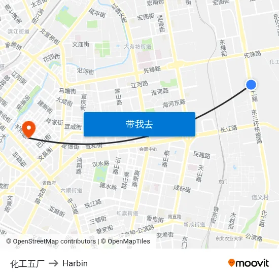 化工五厂 to Harbin map