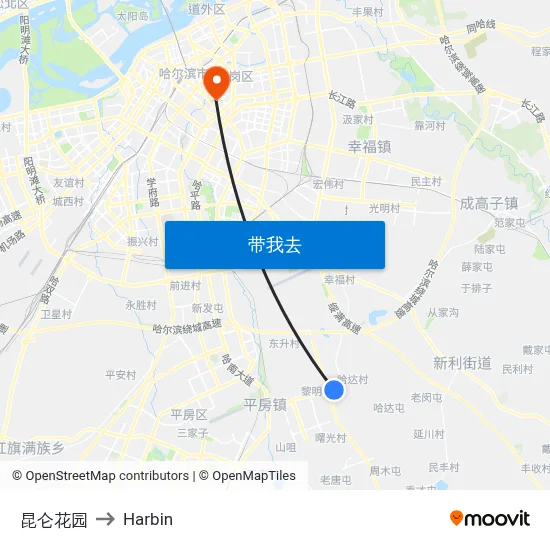 昆仑花园 to Harbin map