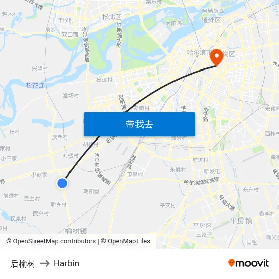 后榆树 to Harbin map