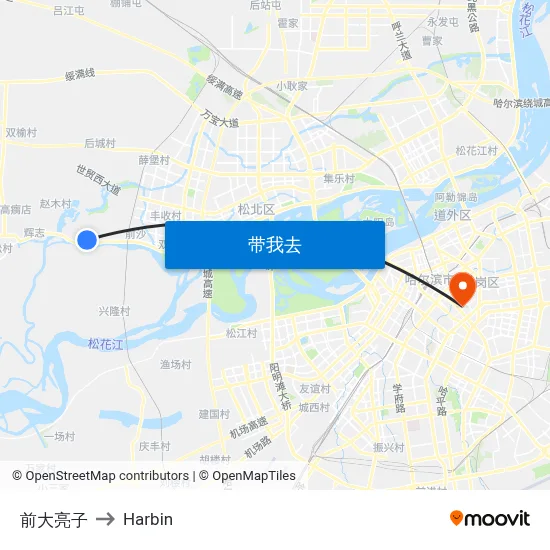 前大亮子 to Harbin map