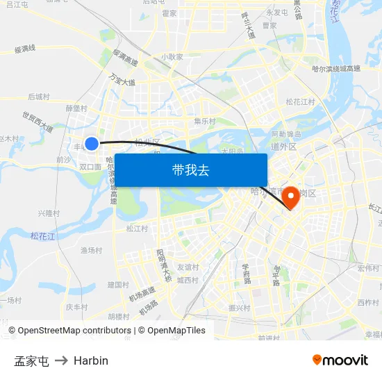 孟家屯 to Harbin map