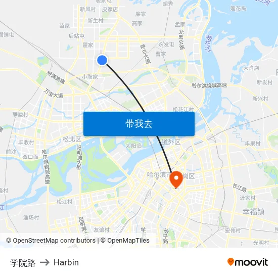 学院路 to Harbin map