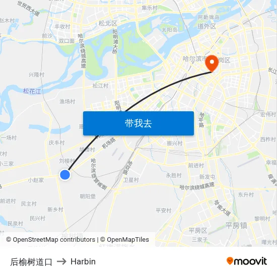 后榆树道口 to Harbin map