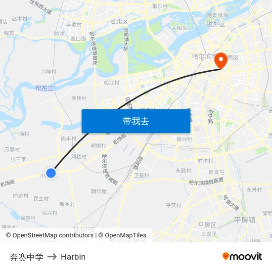 奔赛中学 to Harbin map
