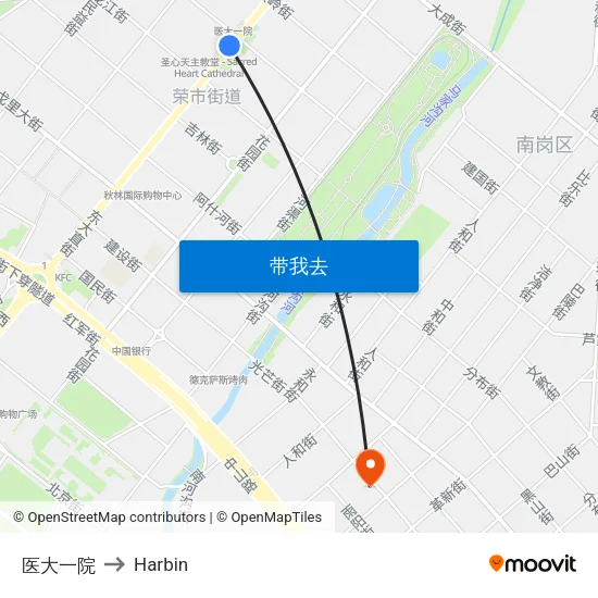 医大一院 to Harbin map