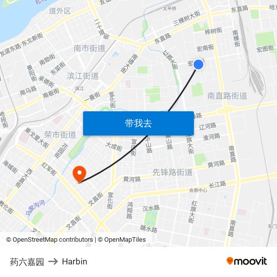 药六嘉园 to Harbin map