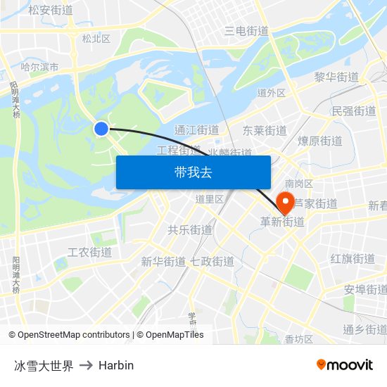 冰雪大世界 to Harbin map