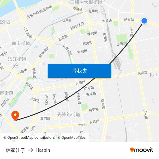 韩家洼子 to Harbin map