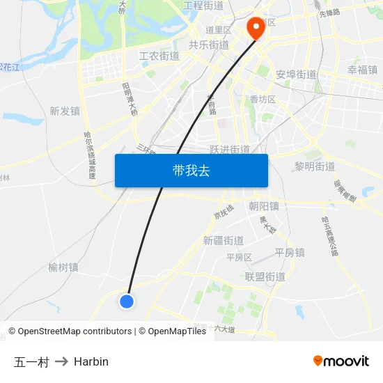 五一村 to Harbin map