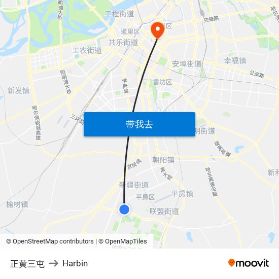 正黄三屯 to Harbin map