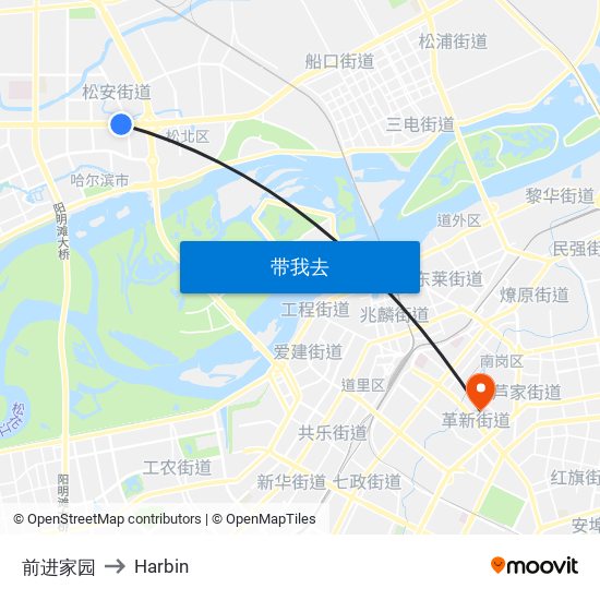 前进家园 to Harbin map